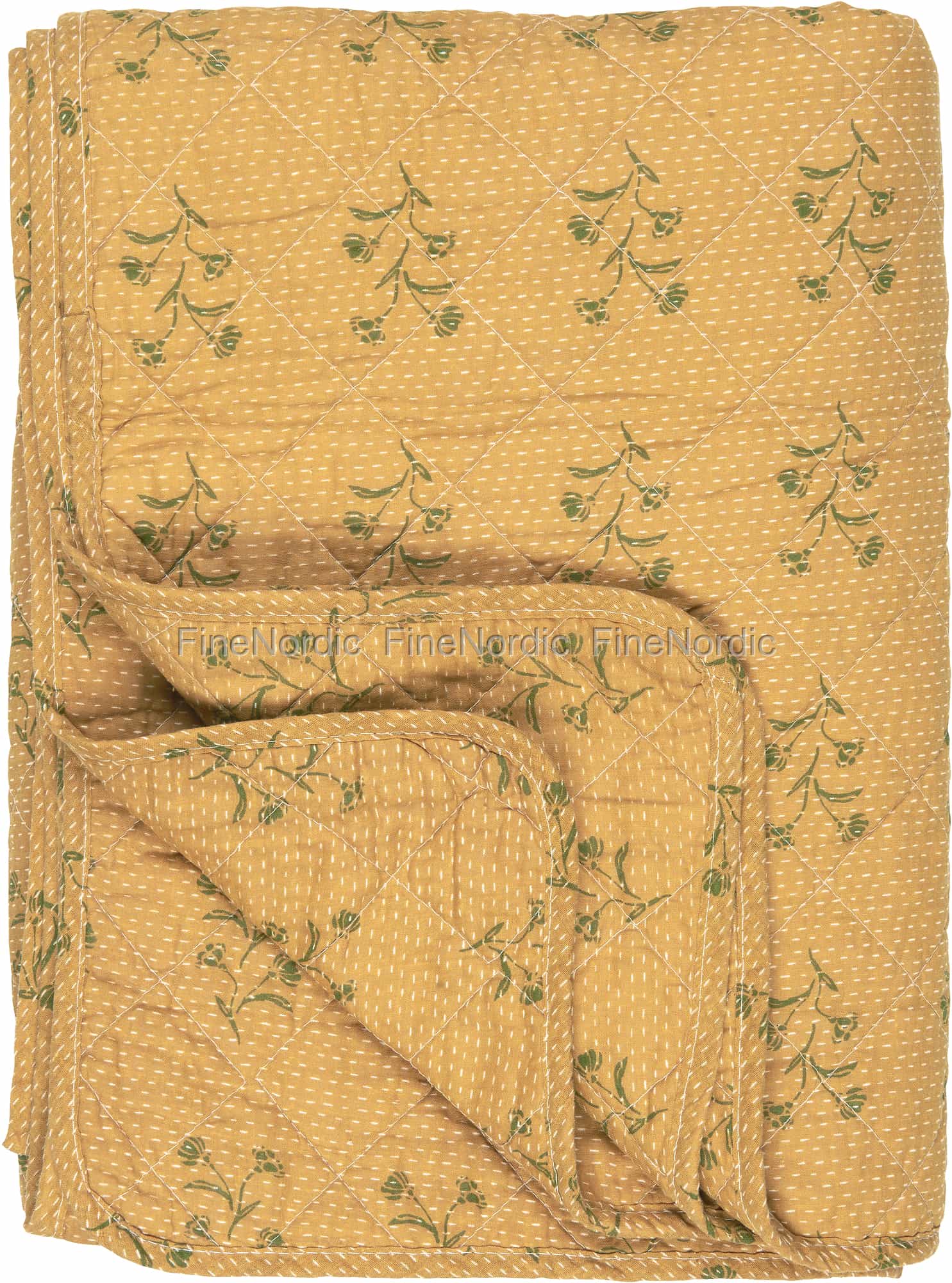 Ib Laursen Quilt Mustard med Grønne Blomster 130 x 180 cm